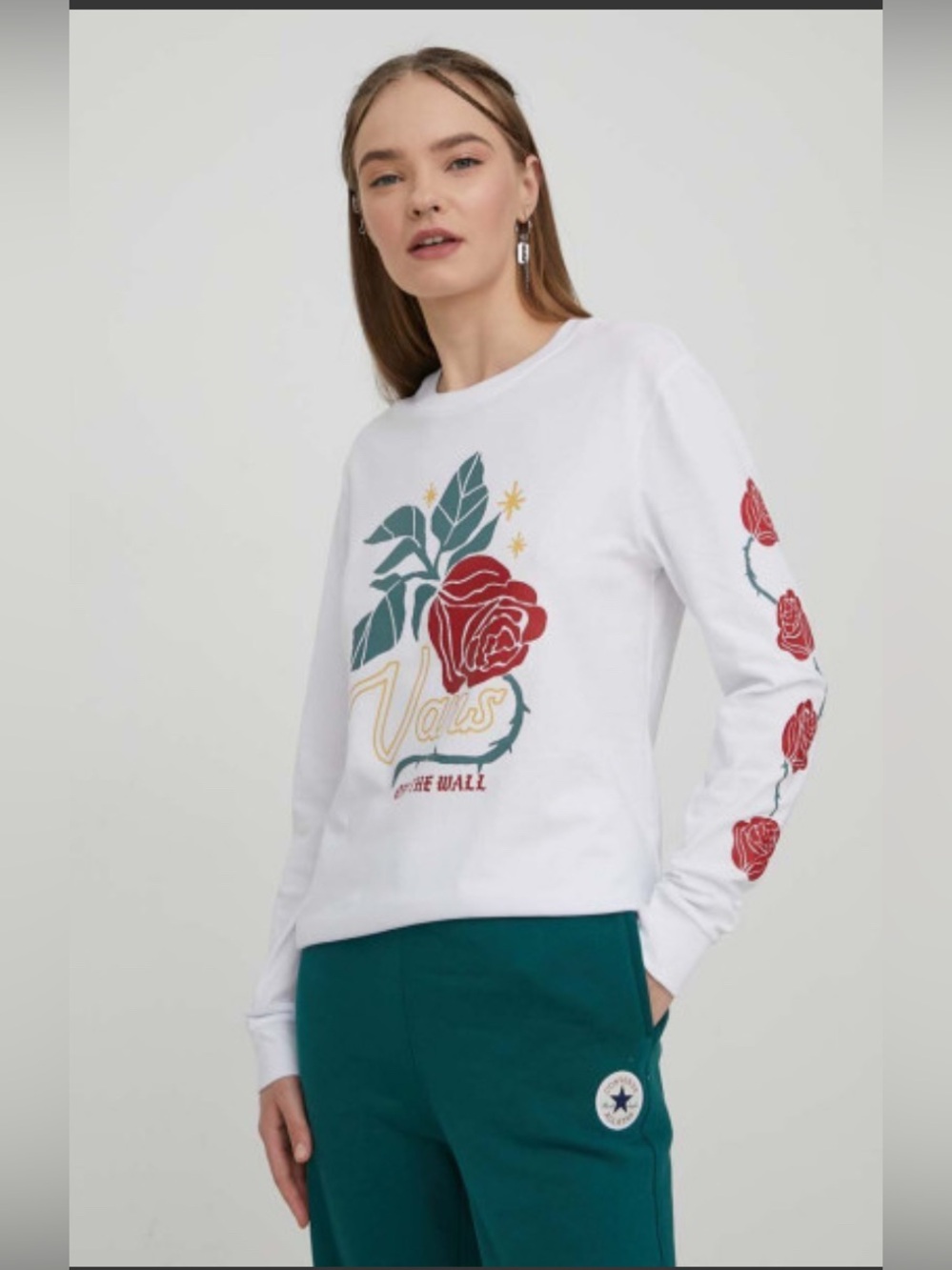 Vans White Long Sleeve Shirt with Red Rose Graphic medium